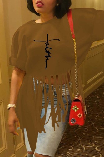 Coffee Casual Print Tassel Patchwork O Neck T-Shirts