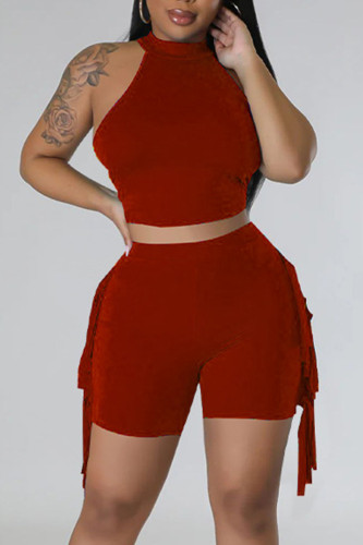 Red Sexy Solid Tassel Patchwork O Neck Sleeveless Two Pieces