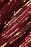 赤のエレガントなソリッド中空アウト スパンコール パッチワーク タートルネックのイブニング ドレス ドレスの半分
