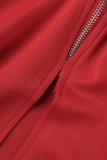 Rote, sexy, lässige, feste, rückenfreie, Patchwork-Kleider mit O-Ausschnitt und langen Ärmeln