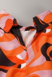 Robes à manches longues à col rabattu et à imprimé décontracté orange (sans ceinture)