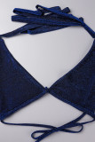 Синий сексуальный однотонный бинт в стиле пэчворк с открытой спиной и V-образным вырезом без рукавов из двух частей