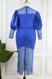 Blauwe elegante effen uitgeholde patchwork O-hals eenstaps rok Grote maten jurken