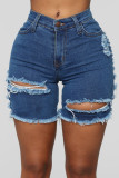 Baby Blue Sexy Street Solid Make Old Patchwork High Waist Ripped Denim Shorts