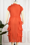 Oranje casual effen patchwork jurk met ronde hals en korte mouwen