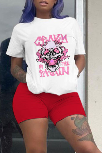 Pink Casual Print Skull O Neck Short Sleeve Two Pieces
