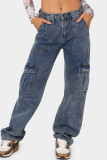 Pantalones vaqueros de mezclilla de cintura alta con bolsillo de patchwork sólido de calle informal negro