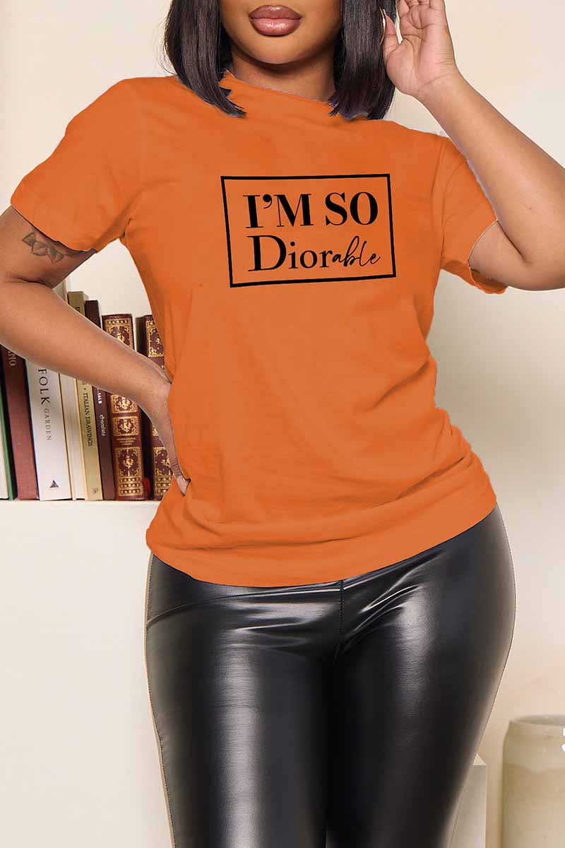 

Orange Casual Print Letter O Neck T-Shirts