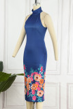 Blue Casual Elegant Print Patchwork Half A Turtleneck One Step Skirt Dresses