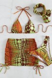 Multicolor Sexy Print Bandage Backless Swimsuit Four Piece Set (With Paddings)