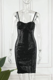 ブラック セクシー ソリッド スパンコール パッチワーク シースルー スパゲッティ ストラップ スリング ドレス ドレス