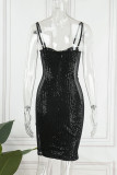 Vestido de tirante de espagueti transparente con retazos de lentejuelas sólidas sexy negro Vestidos
