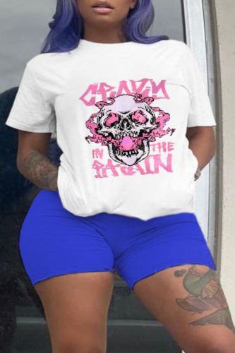 Blue Street Print Skull O Neck Plus Size Two Pieces