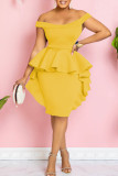 Желтые элегантные однотонные лоскутные стринги с кромкой и открытыми плечами, одноступенчатые платья-юбки