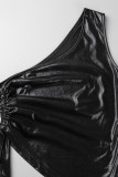 Estampa preta sexy sólida sem costas dobrada gola oblíqua sem mangas duas peças
