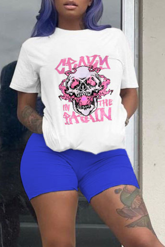Blue Casual Print Skull O Neck Short Sleeve Two Pieces