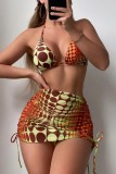 Multicolor Sexy Print Bandage Backless Swimsuit Four Piece Set (With Paddings)