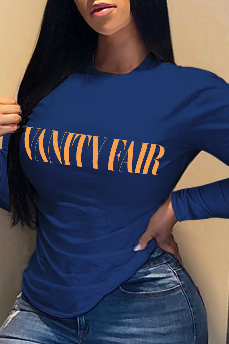 Navy Blue Casual Street Print Patchwork O Neck Tops