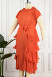 オレンジ カジュアル ソリッド パッチワーク O ネック ショート スリーブ ドレス ドレス