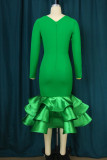 Green Elegant Solid Hollowed Out Patchwork Flounce V Neck Evening Dress Dresses