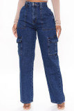 Сине-серые повседневные уличные однотонные джинсы в стиле пэчворк с высокой талией и карманами