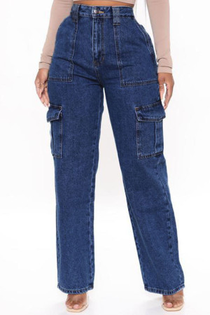 Deep Blue Casual Street Solid Patchwork Pocket High Waist Cargo Denim Jeans