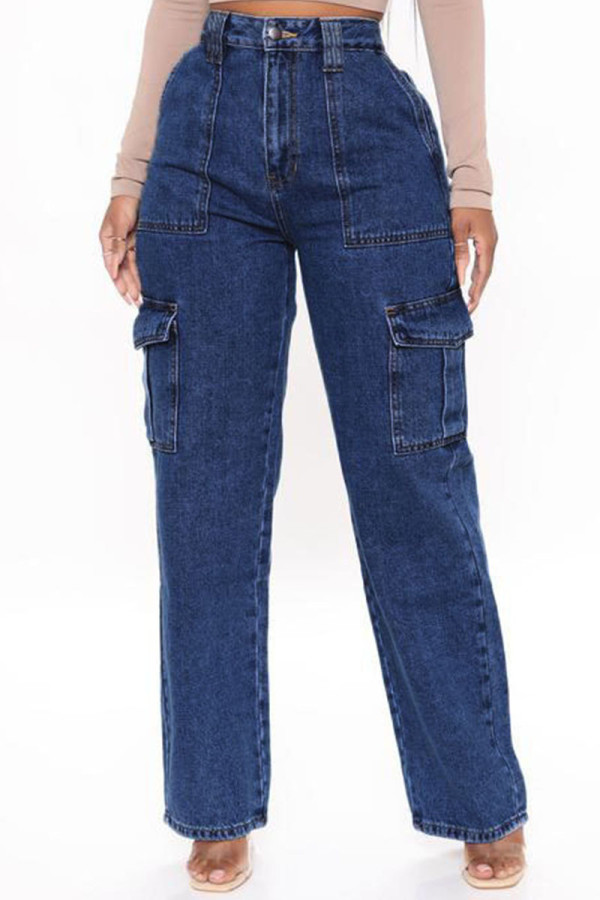 Diepblauwe casual street solid patchwork jeans met zak en hoge taille