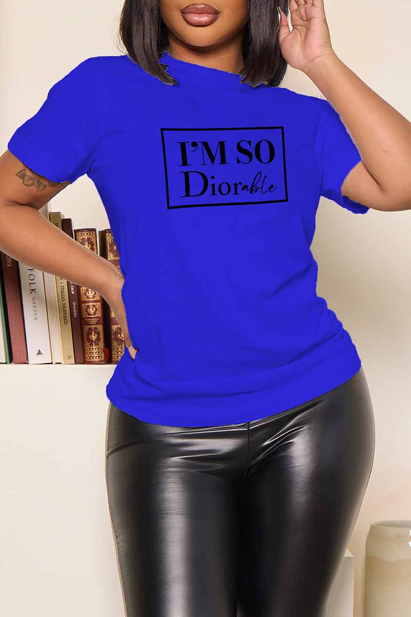 

Blue Casual Print Letter O Neck T-Shirts