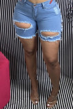 Baby Blue Sexy Street Solid Ripped Make Old Patchwork High Waist Denim Shorts