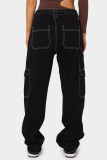 Черные повседневные уличные однотонные джинсовые джинсы с завышенной талией и карманами в стиле пэчворк