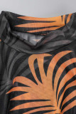 Falda de lápiz con cuello en O transparente de patchwork con estampado sexy negro de talla grande de tres piezas
