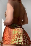 Multicolor Sexy Print Bandage Backless Swimsuit Four Piece Set (With Paddings)