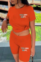 Orange Casual Print Letter O Neck Short Sleeve Two Pieces