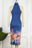 Vestidos de falda de un paso de cuello alto de cuello alto de patchwork estampado elegante casual azul