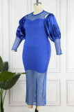 Blue Elegant Solid Hollowed Out Patchwork O Neck One Step Skirt Plus Size Dresses