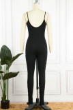 Black Casual Sportswear Solid Patchwork Spaghetti Strap Skinny Jumpsuits