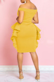 Yellow Elegant Solid Patchwork Stringy Selvedge Off the Shoulder One Step Skirt Dresses