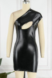 Black Sexy Solid Hollowed Out Backless Oblique Collar Sleeveless Dress Dresses