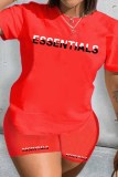 Red Casual Print Letter O Neck Short Sleeve Two Pieces