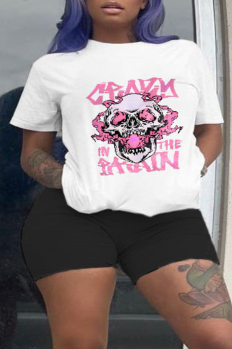 Black Street Print Skull O Neck Plus Size Two Pieces