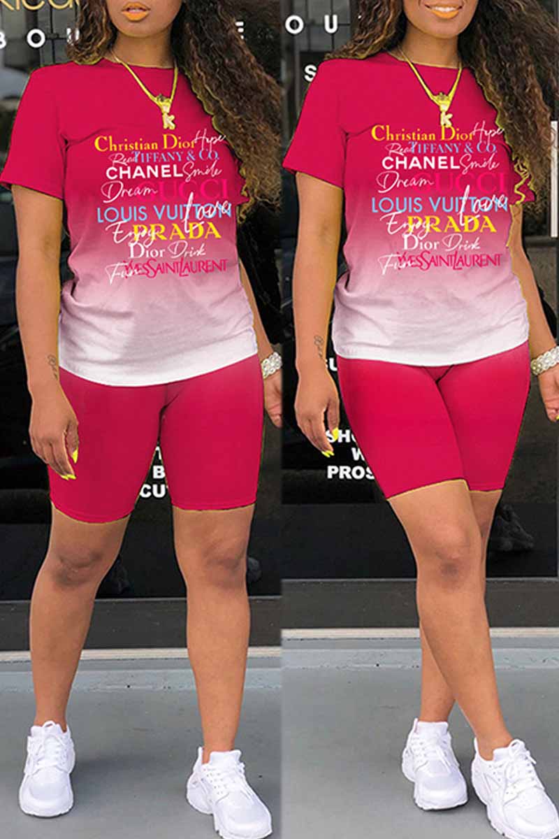 

Rose Red Casual Print Letter O Neck Short Sleeve Two Pieces