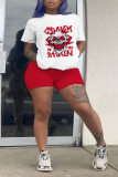 Red Street Print Skull O Neck Plus Size Two Pieces