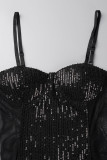 Champagne Sexy Solid Sequins Patchwork See-through Spaghetti Strap Sling Dress Robes
