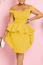 黄色のエレガントな無地パッチワーク ストリング セルヴィッチ オフショルダー ワンステップ スカート ドレス