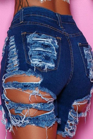 Dark Blue Sexy Street Solid Make Old Patchwork High Waist Raw Hem Ripped Denim Shorts