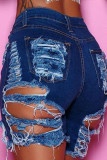 Baby Blue Sexy Street Solid strappato crea vecchi pantaloncini di jeans a vita alta patchwork