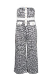 Zwart wit sexy casual print patchwork backless strapless plus size jumpsuits