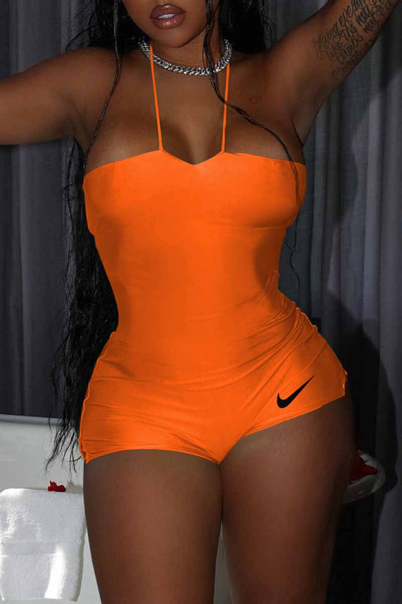 

Orange Sexy Print Backless Strapless Jumpsuits