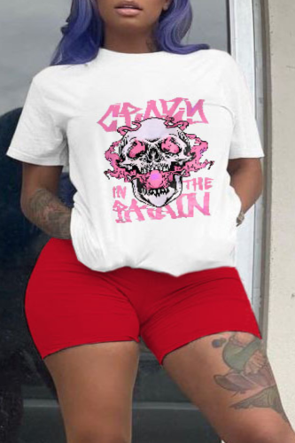 Pink Street Print Skull O Neck Plus Size Two Pieces