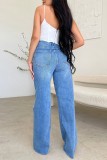 Le cowboy blue Casual Solid Ripped Patchwork High Waist Regular Denim Jeans